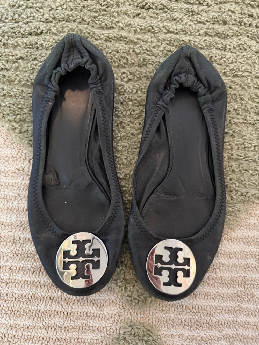 Tory Burch Black Leather Logo Ballet Flats with Silver Medallion